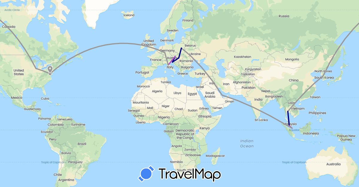 TravelMap itinerary: driving, plane, train in Austria, Germany, Croatia, Hungary, Italy, South Korea, Malaysia, Poland, Qatar, Singapore, Thailand, United States (Asia, Europe, North America)